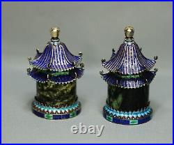 1900 China Pair Slat&Pepper Pot Set Gilt Sterling Silver Enamel Pagoda Nephrite