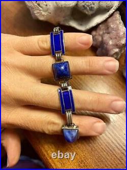 1920s Art Deco Sugarloaf Cabochons & Royal Blue Enamel & Sterling Silver Brac