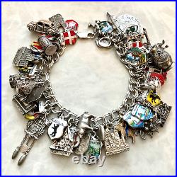 61 Vintage Sterling Silver Charms Bracelet German Enamel Travel Shields Castles