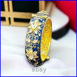 925 Sterling Silver 18kt Gold Plated Halo Pear Polki Blue Sapphire Enamel Bangle