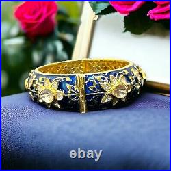 925 Sterling Silver 18kt Gold Plated Halo Pear Polki Blue Sapphire Enamel Bangle