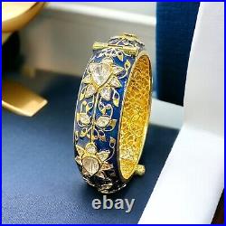 925 Sterling Silver 18kt Gold Plated Halo Pear Polki Blue Sapphire Enamel Bangle