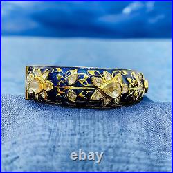 925 Sterling Silver 18kt Gold Plated Halo Pear Polki Blue Sapphire Enamel Bangle