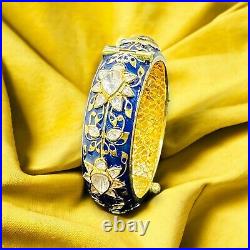 925 Sterling Silver 18kt Gold Plated Halo Pear Polki Blue Sapphire Enamel Bangle