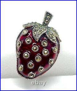 925 Sterling Silver Brooch Strawberry enamel marcasite pin 1920's antique 7.9gr