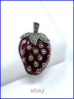 925 Sterling Silver Brooch Strawberry enamel marcasite pin 1920's antique 7.9gr