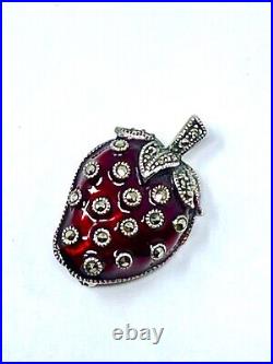 925 Sterling Silver Brooch Strawberry enamel marcasite pin 1920's antique 7.9gr