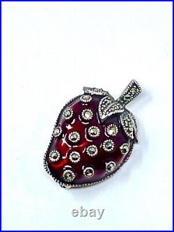 925 Sterling Silver Brooch Strawberry enamel marcasite pin 1920's antique 7.9gr