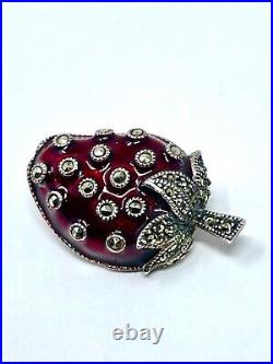 925 Sterling Silver Brooch Strawberry enamel marcasite pin 1920's antique 7.9gr