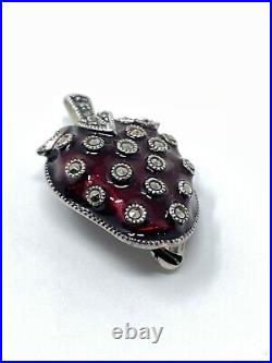 925 Sterling Silver Brooch Strawberry enamel marcasite pin 1920's antique 7.9gr