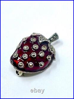 925 Sterling Silver Brooch Strawberry enamel marcasite pin 1920's antique 7.9gr