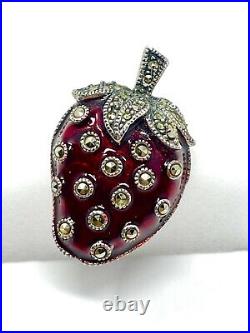 925 Sterling Silver Brooch Strawberry enamel marcasite pin 1920's antique 7.9gr