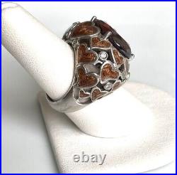 925 Sterling Silver Enamel & Spessartite Garnet Ring, Size 8 Statement Piece