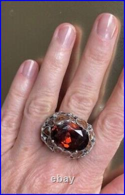 925 Sterling Silver Enamel & Spessartite Garnet Ring, Size 8 Statement Piece