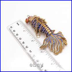 925 Sterling Silver Gold Plated Antique Enamel Chinese Koi Fish Pendant / Fob