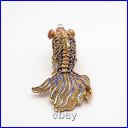 925 Sterling Silver Gold Plated Antique Enamel Chinese Koi Fish Pendant / Fob