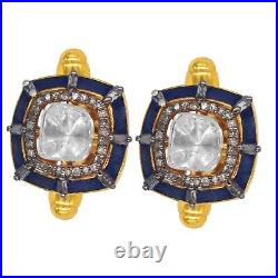 925 Sterling Silver Mens Cufflinks 18k Gold Plated Natural Diamond Polki Enamel