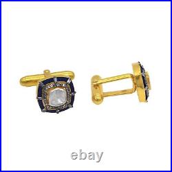 925 Sterling Silver Mens Cufflinks 18k Gold Plated Natural Diamond Polki Enamel