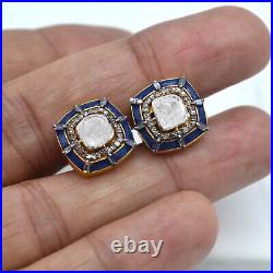 925 Sterling Silver Mens Cufflinks 18k Gold Plated Natural Diamond Polki Enamel