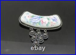925 Sterling Silver Vintage Enamel Floral Art Twist Border Brooch Pin BP8654