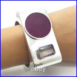 925 Sterling Silver Vintage Mexico Amethyst Enamel 134.8g Bangle Bracelet 7