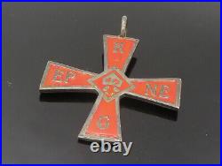 925 Sterling Silver Vintage Orange Enamel Religious Cross Pendant PT20031
