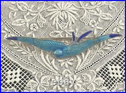 Antique Art Deco Nouveau Sterling Swallow Bluebird Guilloche Enamel Pin Brooch