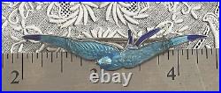 Antique Art Deco Nouveau Sterling Swallow Bluebird Guilloche Enamel Pin Brooch