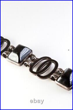 Antique Art Deco Sterling Silver Black Enamel Onyx Bracelet