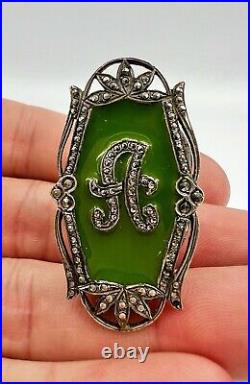 Antique Art Nouveau Sterling Silver Marcasite Green Enamel Letter A Ring 1.5