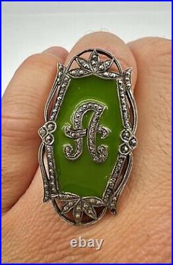 Antique Art Nouveau Sterling Silver Marcasite Green Enamel Letter A Ring 1.5