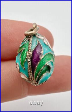 Antique Art Nouveau Sterling Silver Russian Egg Enamel Floral Charm Pendant