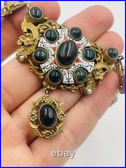 Antique Austrian Hungarian Sterling Silver Bloodstone & Enamel Large Necklace