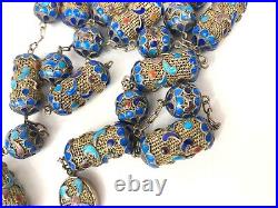 Antique Chinese Mesh Sterling Silver Gilt Enamel Beaded 26 Necklace Early 1900s