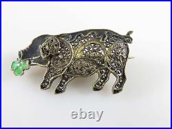 Antique Chinese Sterling Silver Enamel 4 leaf Clover Lucky Pig Filigree Brooch