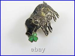 Antique Chinese Sterling Silver Enamel 4 leaf Clover Lucky Pig Filigree Brooch