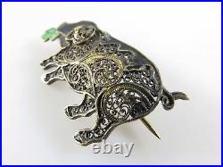 Antique Chinese Sterling Silver Enamel 4 leaf Clover Lucky Pig Filigree Brooch