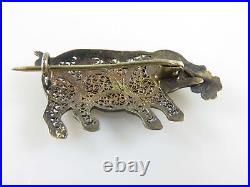 Antique Chinese Sterling Silver Enamel 4 leaf Clover Lucky Pig Filigree Brooch