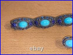 Antique Chinese sterling Silver Filigree Enamel Bracelet 7 & Ear Clips