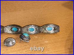 Antique Chinese sterling Silver Filigree Enamel Bracelet 7 & Ear Clips