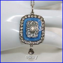 Antique EDWARDIAN 900 silver Blue Guilloche Enamel Paste Pendant Necklace