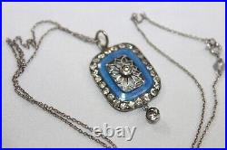 Antique EDWARDIAN 900 silver Blue Guilloche Enamel Paste Pendant Necklace