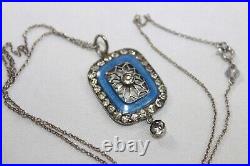 Antique EDWARDIAN 900 silver Blue Guilloche Enamel Paste Pendant Necklace