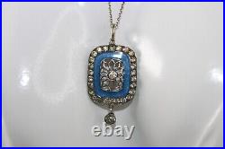 Antique EDWARDIAN 900 silver Blue Guilloche Enamel Paste Pendant Necklace