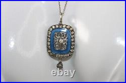 Antique EDWARDIAN 900 silver Blue Guilloche Enamel Paste Pendant Necklace