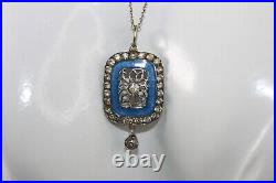 Antique EDWARDIAN 900 silver Blue Guilloche Enamel Paste Pendant Necklace