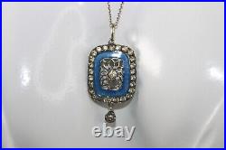 Antique EDWARDIAN 900 silver Blue Guilloche Enamel Paste Pendant Necklace