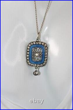 Antique EDWARDIAN 900 silver Blue Guilloche Enamel Paste Pendant Necklace