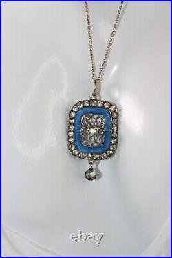 Antique EDWARDIAN 900 silver Blue Guilloche Enamel Paste Pendant Necklace