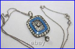 Antique EDWARDIAN 900 silver Blue Guilloche Enamel Paste Pendant Necklace